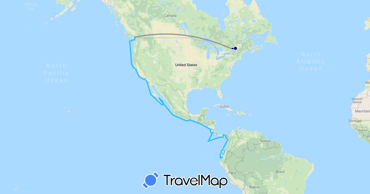 TravelMap itinerary: driving, plane, boat in Canada, Colombia, Costa Rica, Ecuador, Guatemala, Mexico, Nicaragua, Panama, United States (North America, South America)