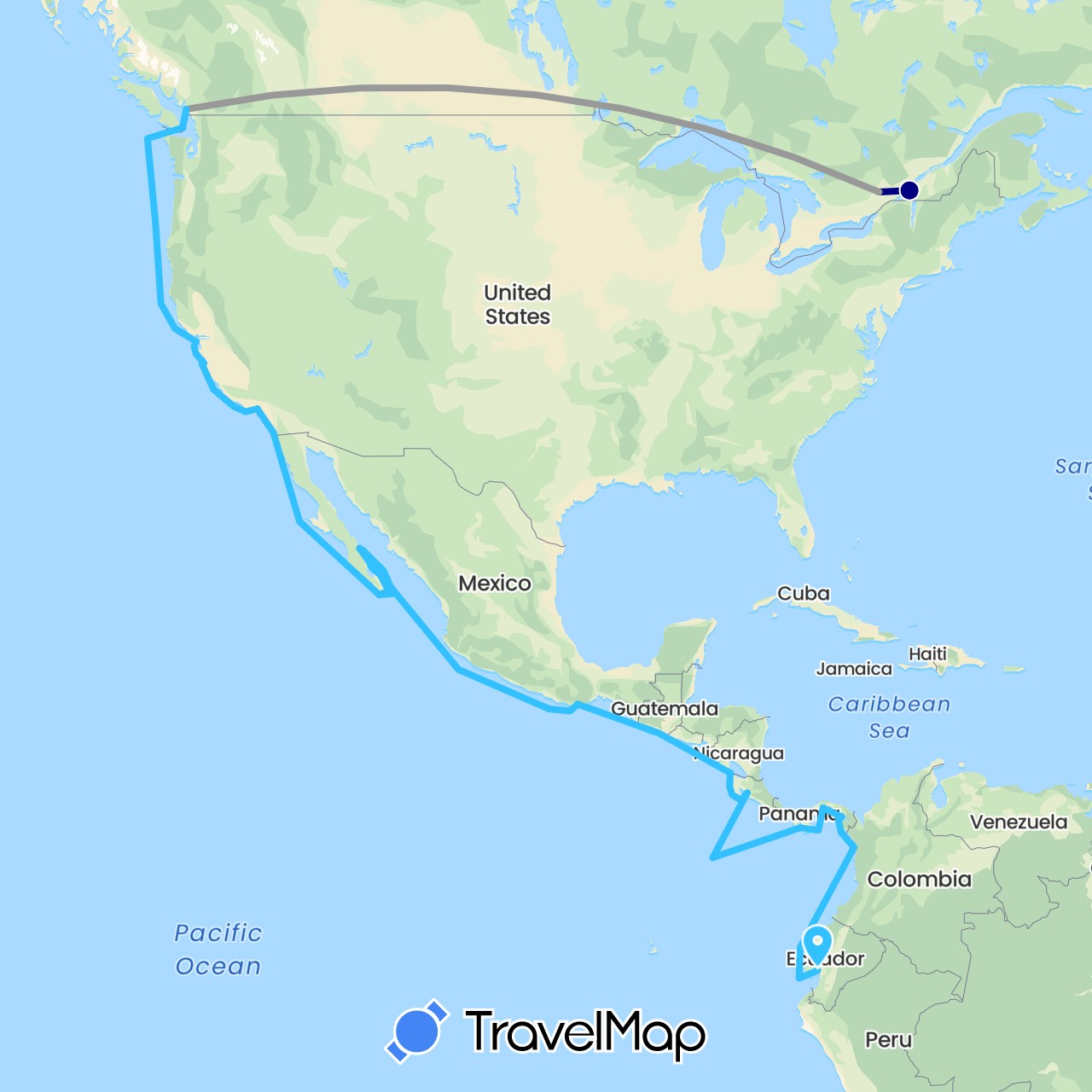 TravelMap itinerary: driving, plane, boat in Canada, Colombia, Costa Rica, Ecuador, Guatemala, Mexico, Nicaragua, Panama, United States (North America, South America)