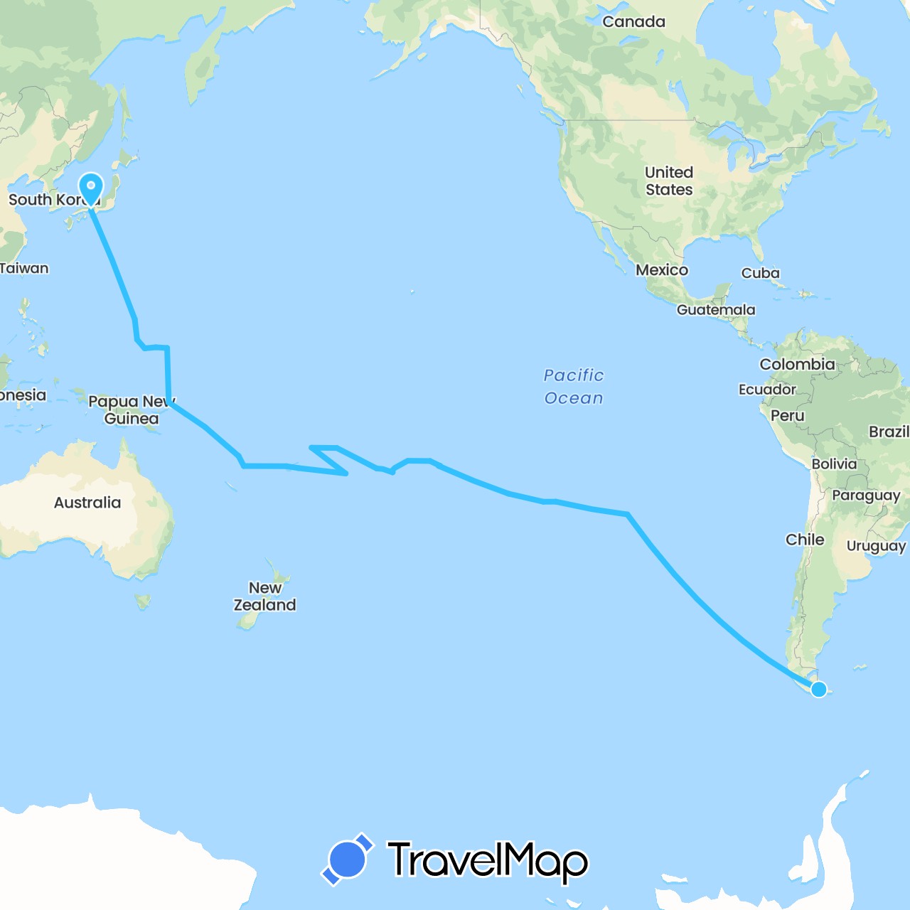 TravelMap itinerary: driving, boat in Argentina, Cook Islands, Chile, Fiji, Micronesia, France, Japan, Niue, Papua New Guinea, Pitcairn Islands, Solomon Islands, United States, Vanuatu, Wallis and Futuna, Samoa (Asia, Europe, North America, Oceania, South America)