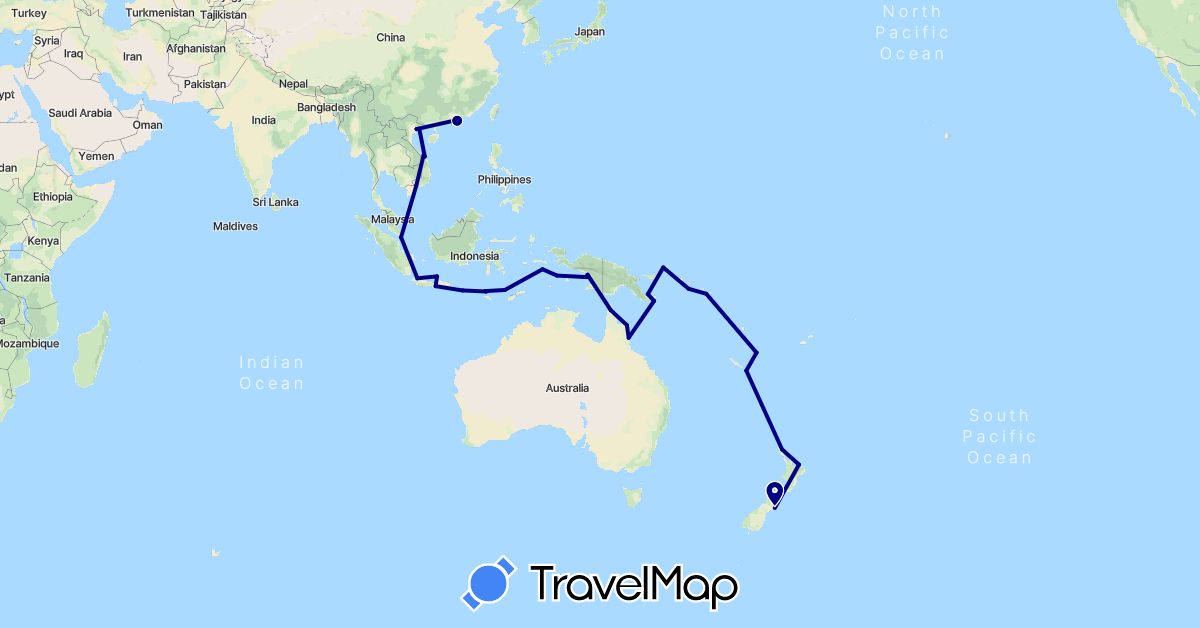 TravelMap itinerary: driving in Australia, Hong Kong, Indonesia, Macau, New Caledonia, New Zealand, Papua New Guinea, Solomon Islands, Singapore, Vietnam, Vanuatu (Asia, Oceania)