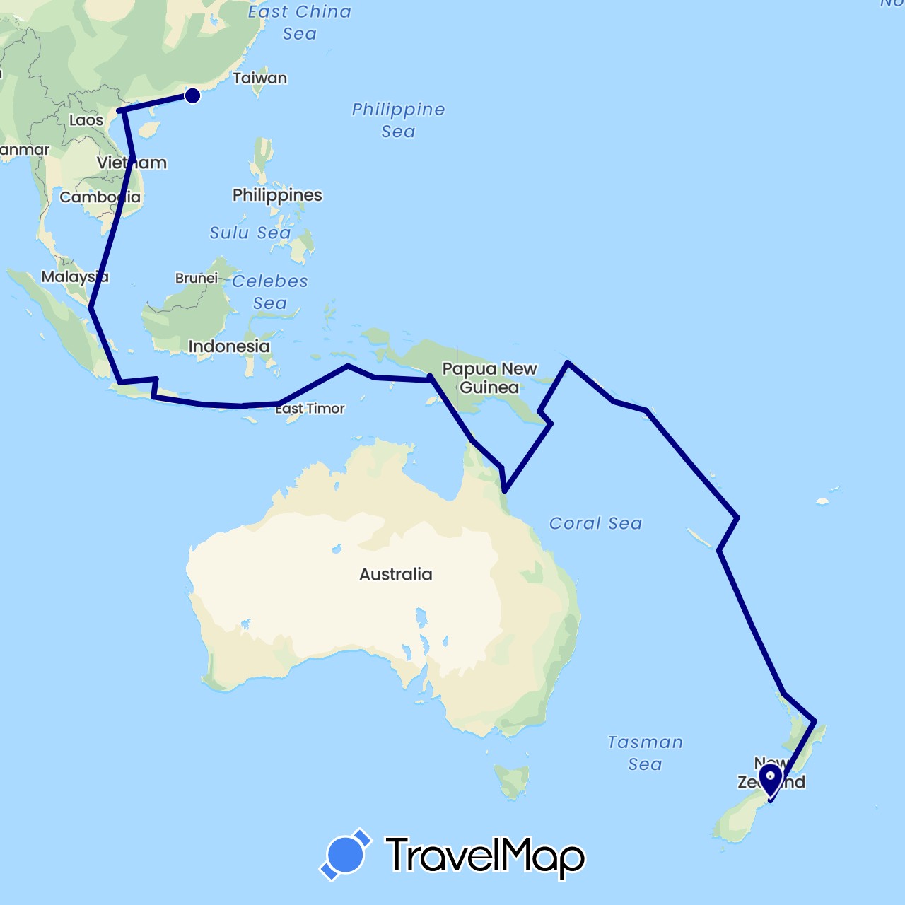TravelMap itinerary: driving in Australia, Hong Kong, Indonesia, Macau, New Caledonia, New Zealand, Papua New Guinea, Solomon Islands, Singapore, Vietnam, Vanuatu (Asia, Oceania)