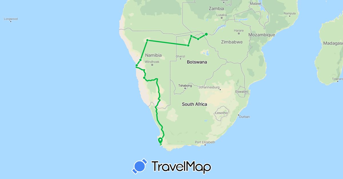 TravelMap itinerary: driving, bus in Botswana, Namibia, South Africa, Zimbabwe (Africa)