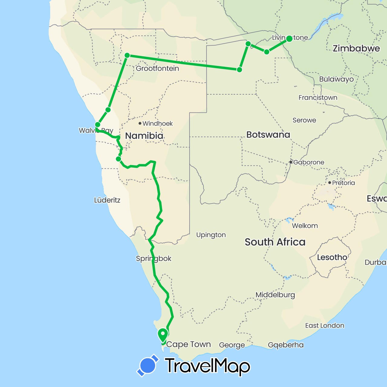TravelMap itinerary: driving, bus in Botswana, Namibia, South Africa, Zimbabwe (Africa)