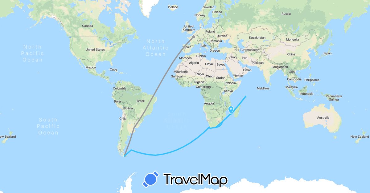 TravelMap itinerary: driving, plane, boat in Argentina, Falkland Islands, France, South Georgia and the South Sandwich Islands, Madagascar, Seychelles, South Africa (Africa, Antarctica, Europe, South America)