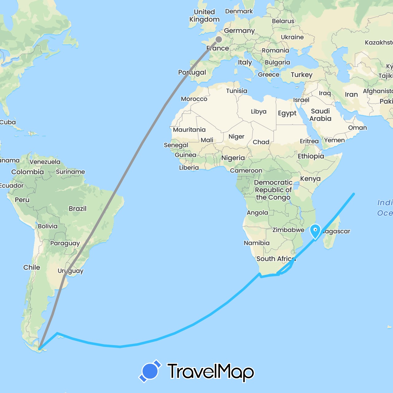 TravelMap itinerary: driving, plane, boat in Argentina, Falkland Islands, France, South Georgia and the South Sandwich Islands, Madagascar, Seychelles, South Africa (Africa, Antarctica, Europe, South America)