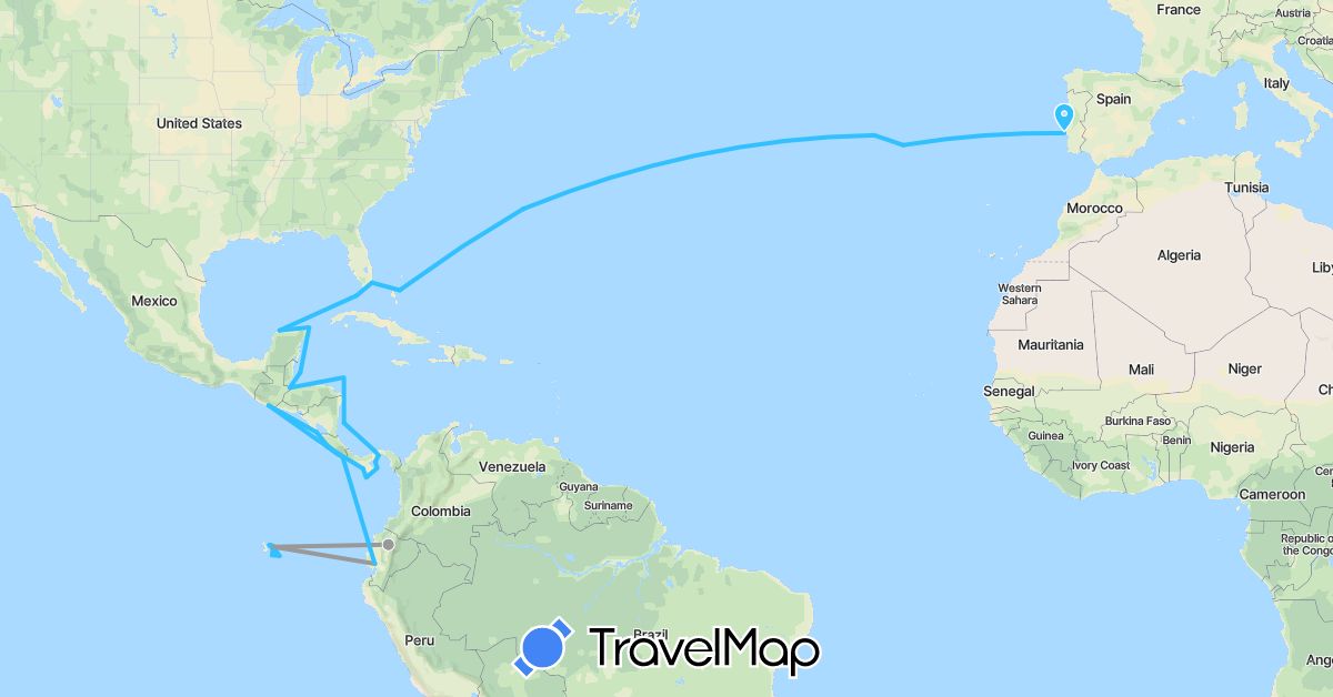 TravelMap itinerary: driving, plane, boat in Bermuda, Bahamas, Belize, Costa Rica, Ecuador, Guatemala, Mexico, Nicaragua, Panama, Portugal, United States (Europe, North America, South America)