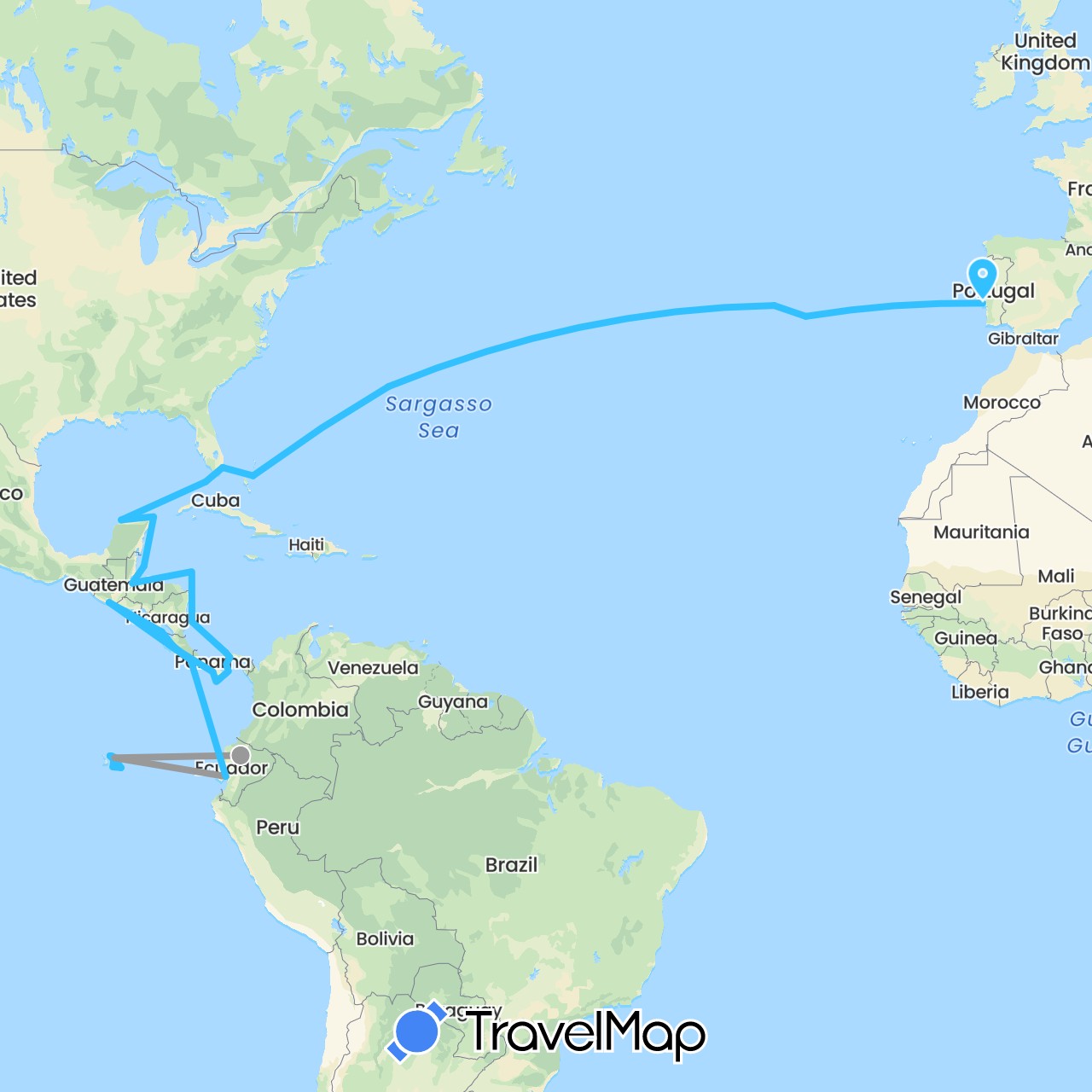 TravelMap itinerary: driving, plane, boat in Bermuda, Bahamas, Belize, Costa Rica, Ecuador, Guatemala, Mexico, Nicaragua, Panama, Portugal, United States (Europe, North America, South America)
